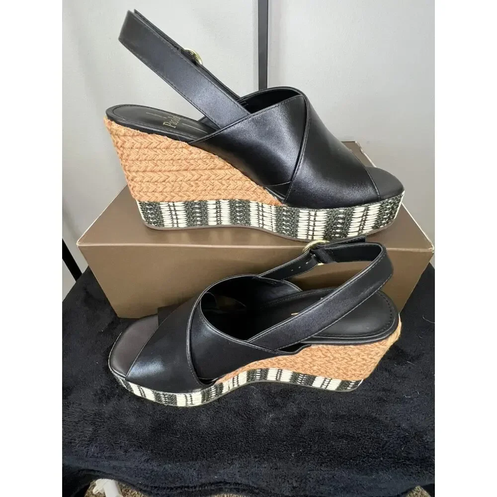 Linea Paolo Valery-L Black Leather Platform Wedge Sandals Size 8.5 NIB